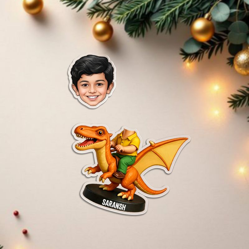 Personalized Boy on Dragon Bobblehead Caricature Standee Birthday Gift for Kids, Boys, Tabletop Desk Decor Battery Powered Moving Head Kids Room Decor